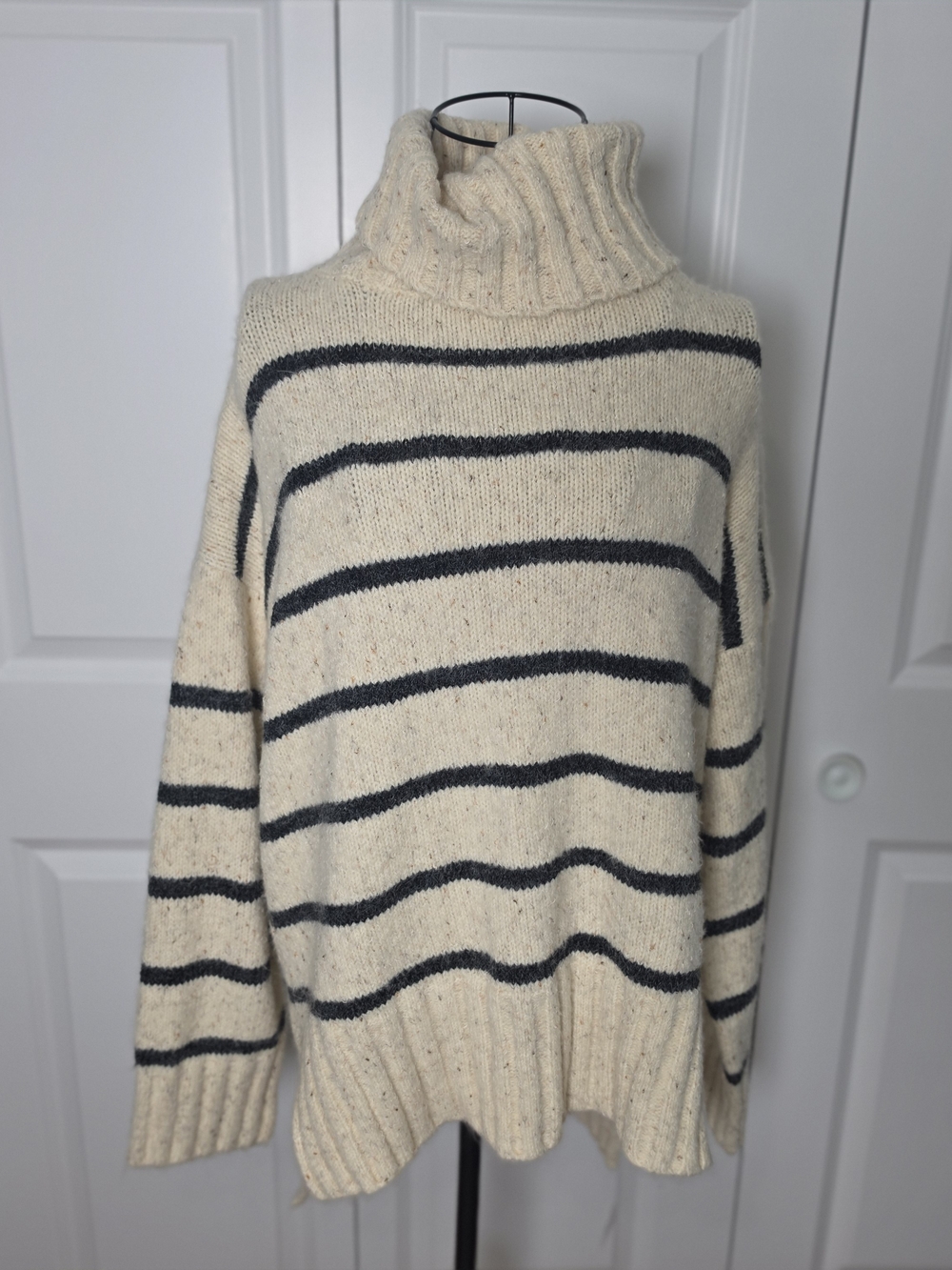POL Cream Charcoal Striped Oversized Turtleneck Sweater